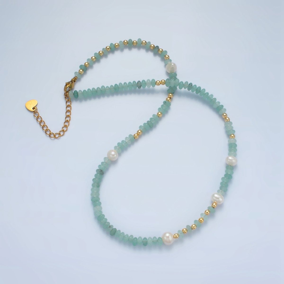 Handmade Green Amazonite Rondell Beaded Chain Necklace with Fresh Water Pearl 15.55 inch | WA2567