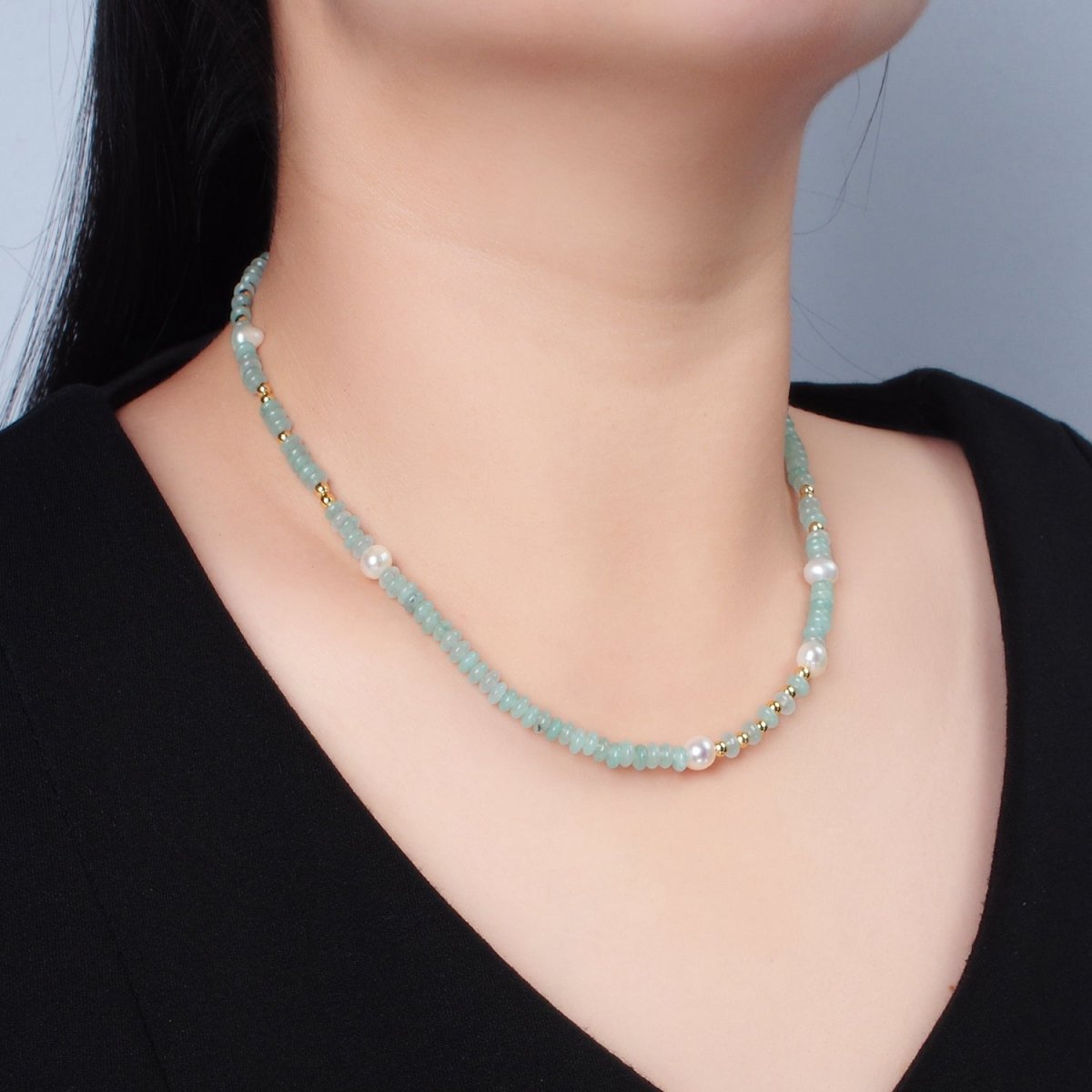 Handmade Green Amazonite Rondell Beaded Chain Necklace with Fresh Water Pearl 15.55 inch | WA2567