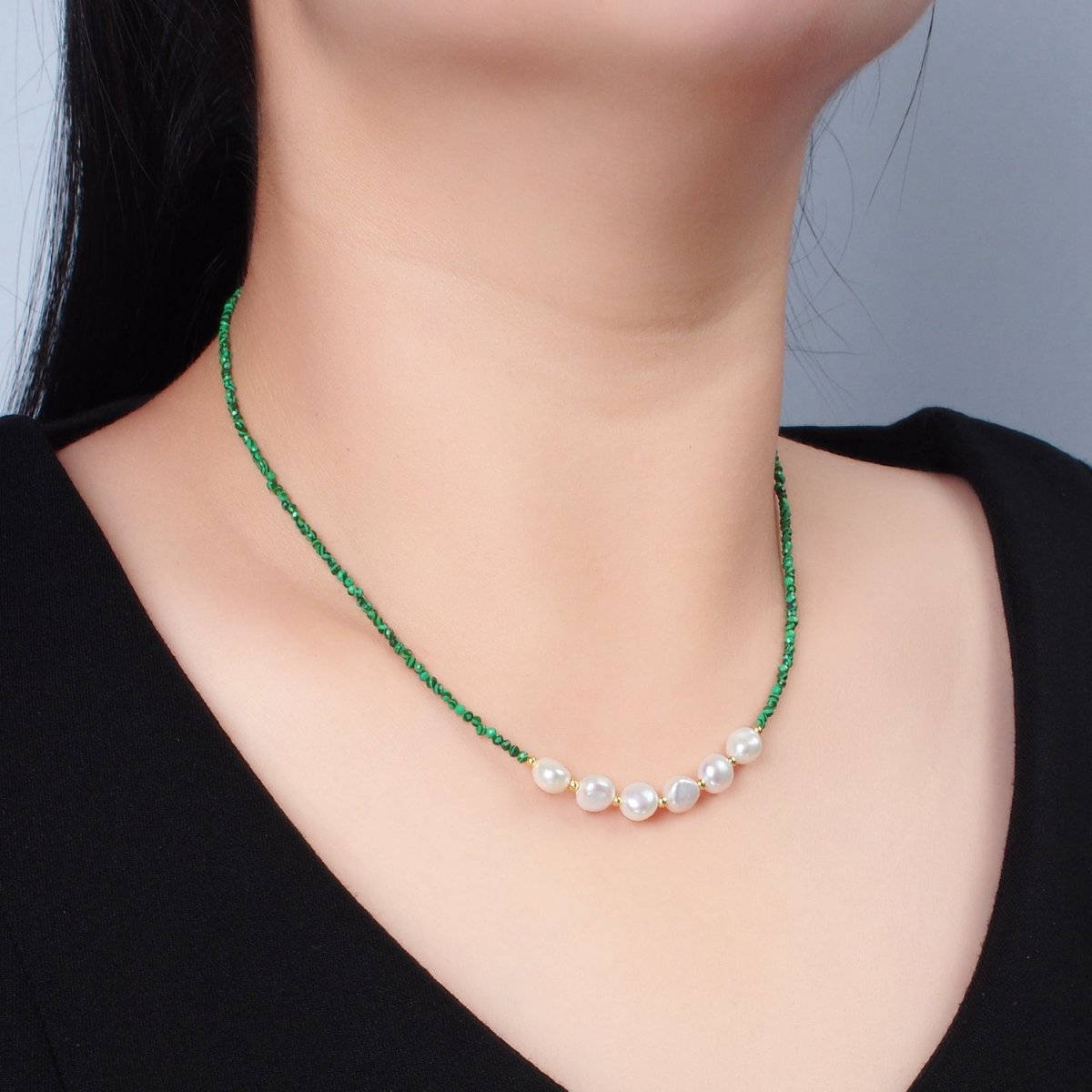 Handmade Green Malachite Beaded Chain Necklace with Freshwater Pearl 15.55 inch | WA2569