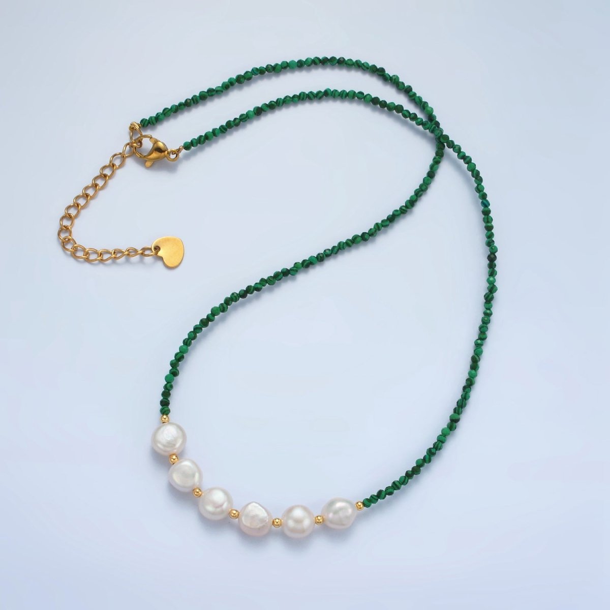 Handmade Green Malachite Beaded Chain Necklace with Freshwater Pearl 15.55 inch | WA2569