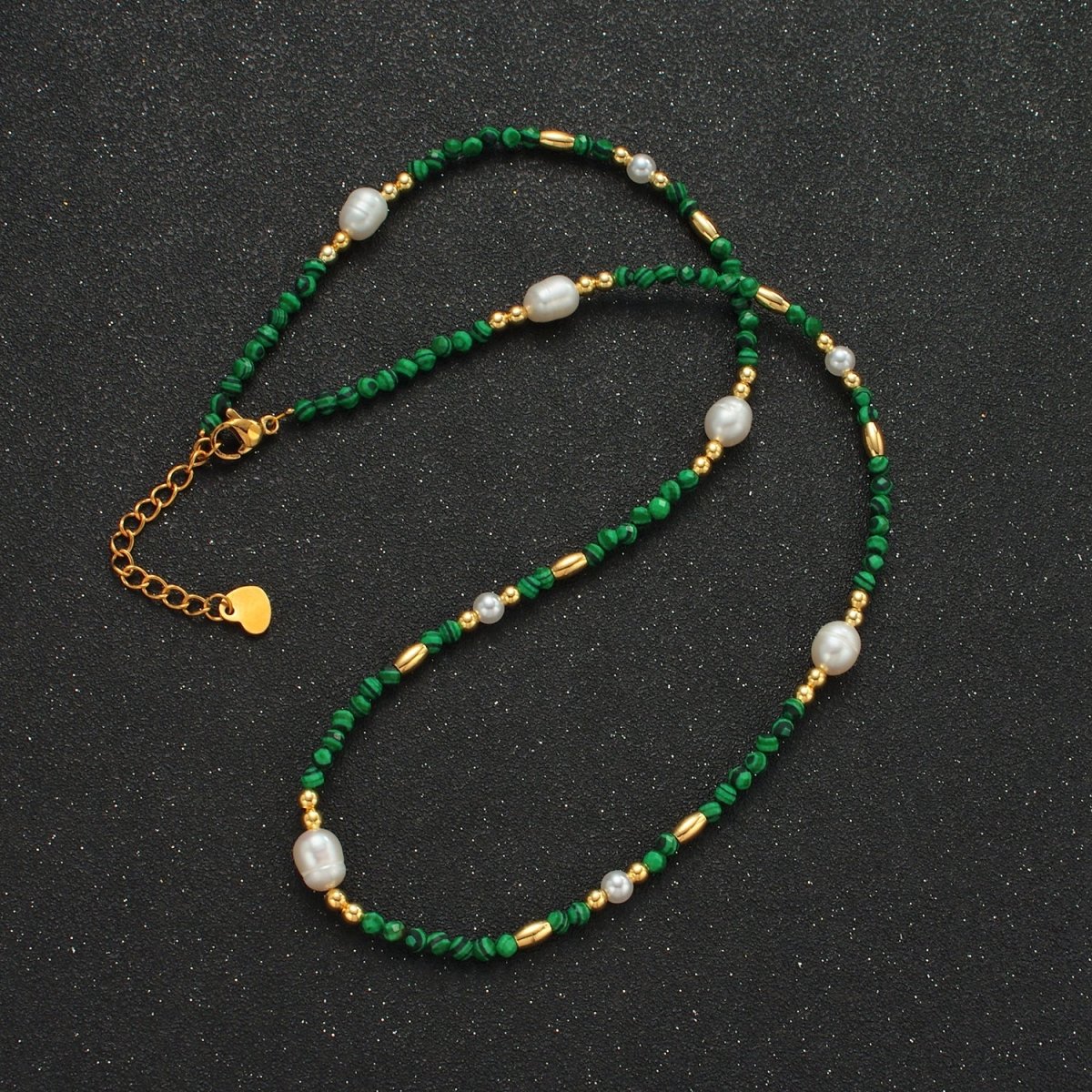 Handmade Green Malachite Beaded Chain Necklace with Freshwater Pearl 17.91 Inch with Extender | WA-A2587