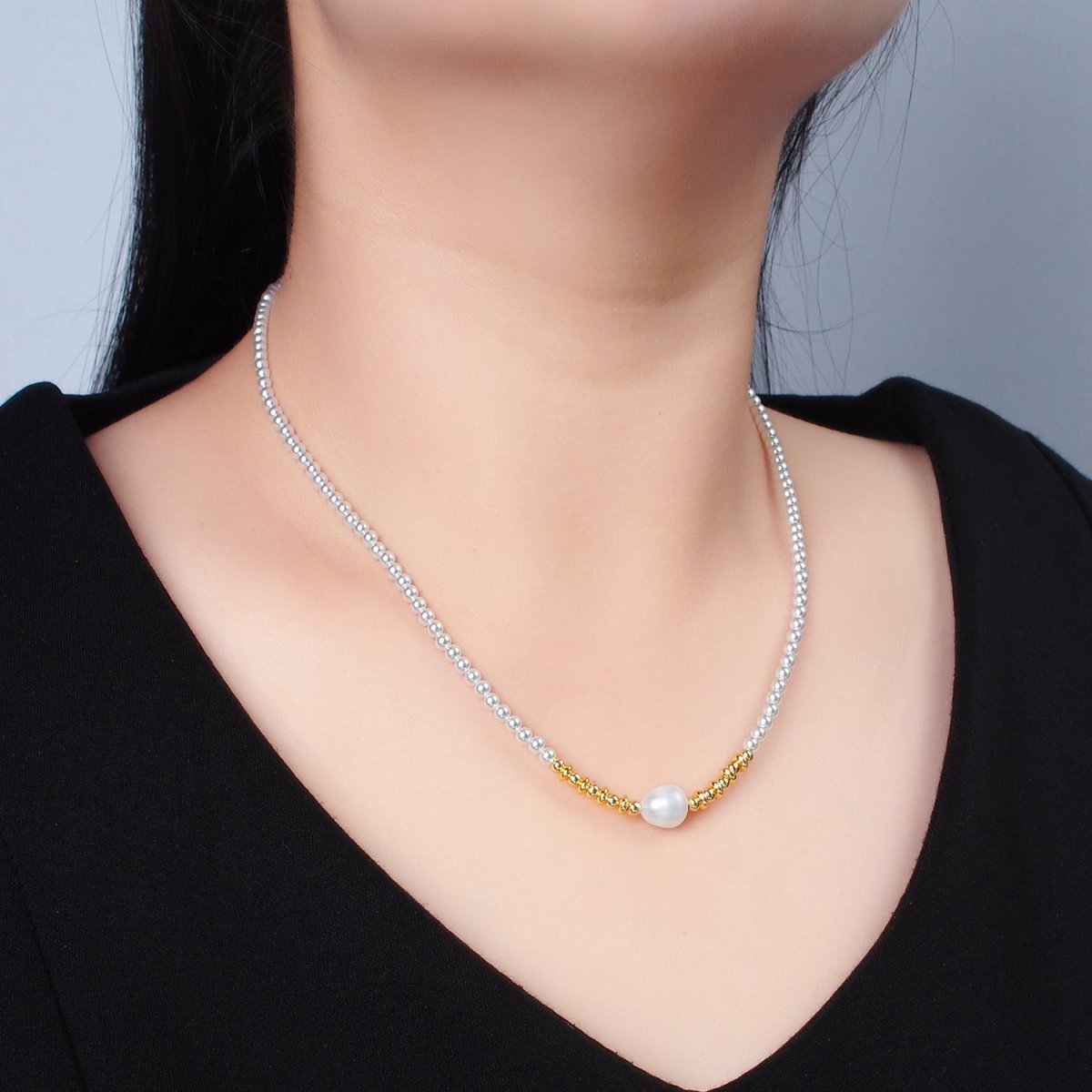Handmade Imitation Pearl Beaded Chain Necklace with Freshwater Pearl Charm 16.14 Inch with Extender | WA2577