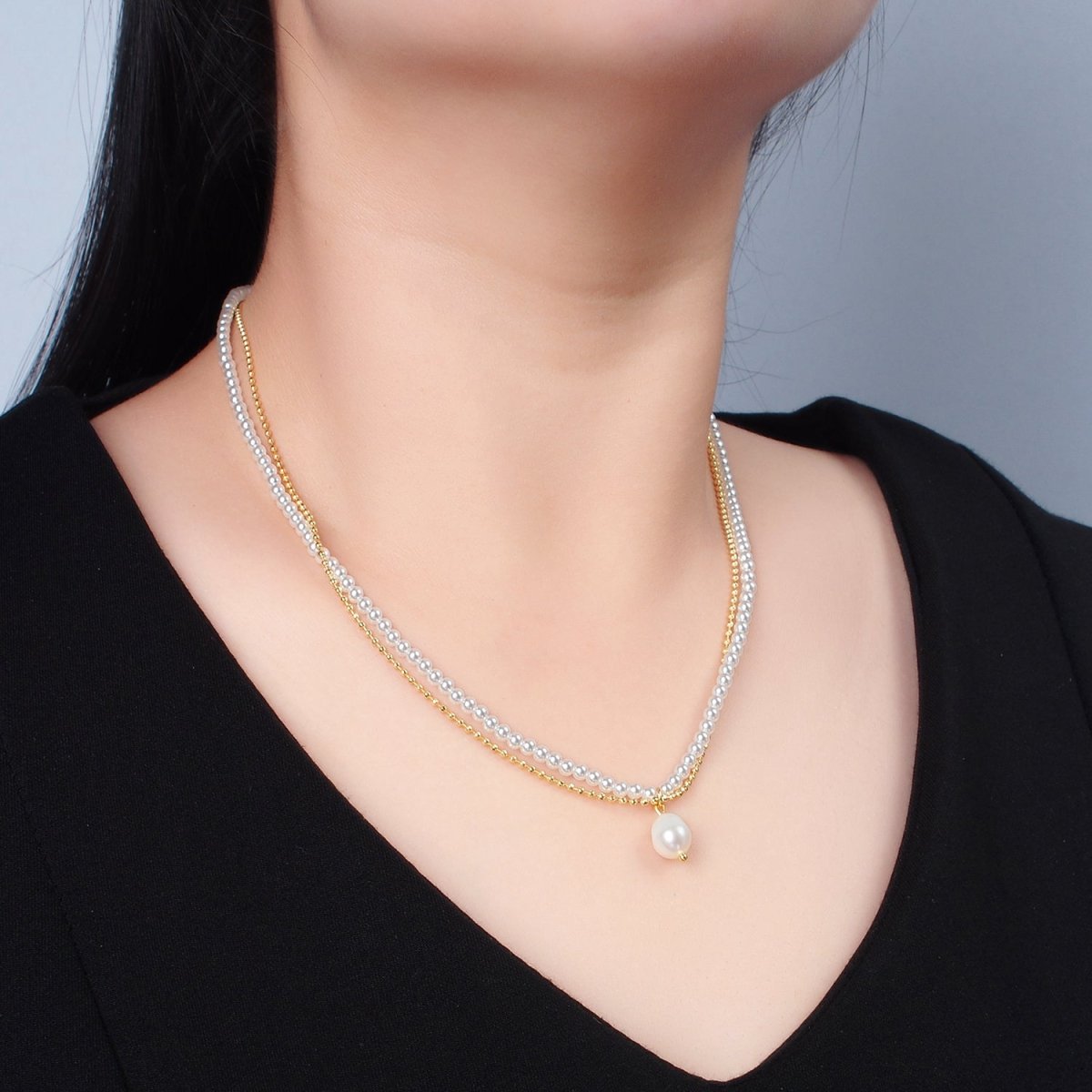 Handmade Imitation Pearl Beaded Chain Necklace with Freshwater Pearl Charm 16.73 Inch with Extender | WA2578