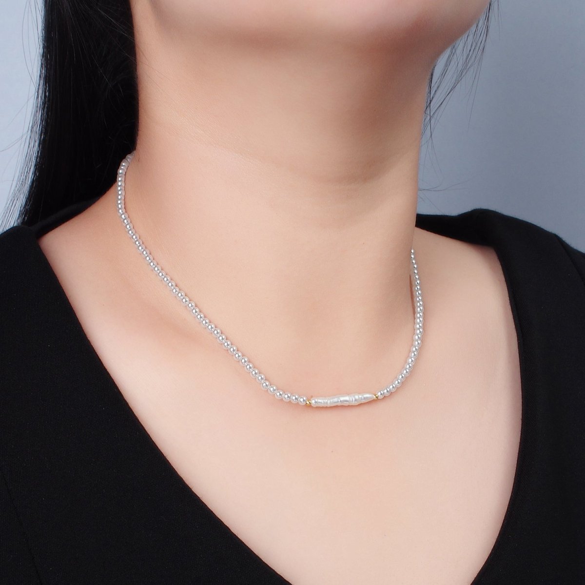 Handmade Imitation Pearl Beaded Chain Necklace with Mother of Pearl Charm 15.55 Inch with Extender | WA2580