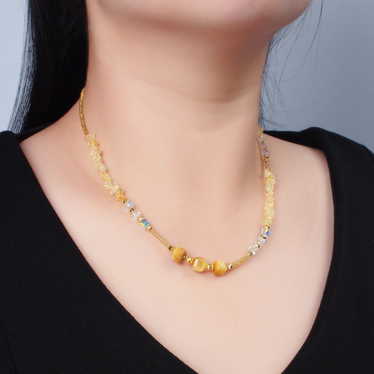 Handmade Orange Yellow Citrine Beaded Chain Necklace 15.94 Inch with Extender | WA2573