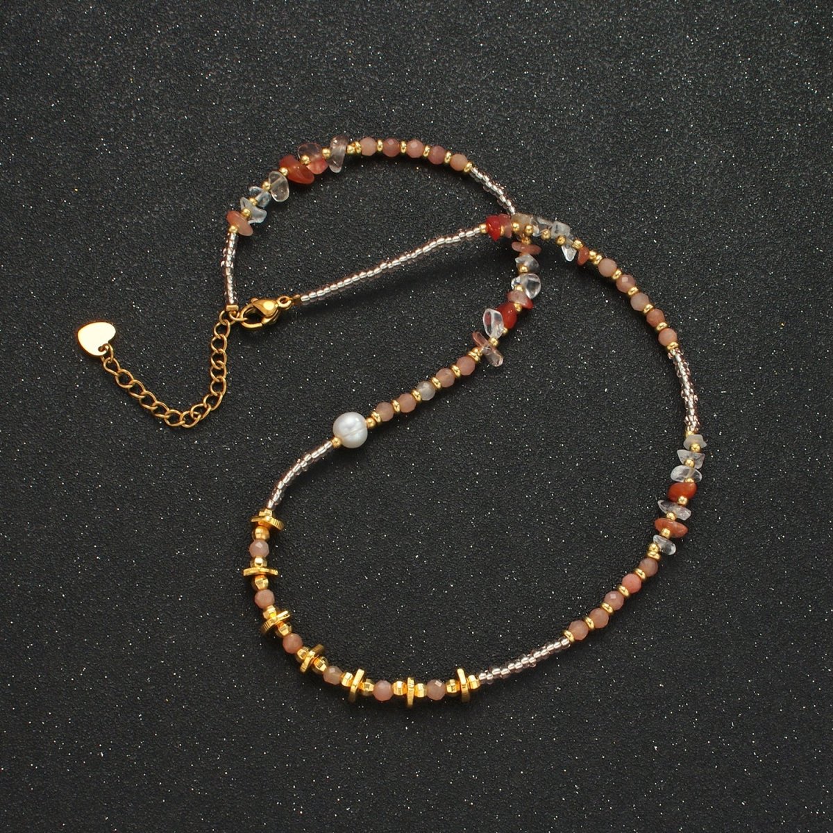 Handmade Pink Rose Quartz Beaded Chain Necklace with Freshwater Pearl 15.35 Inch with Extender | WA2570