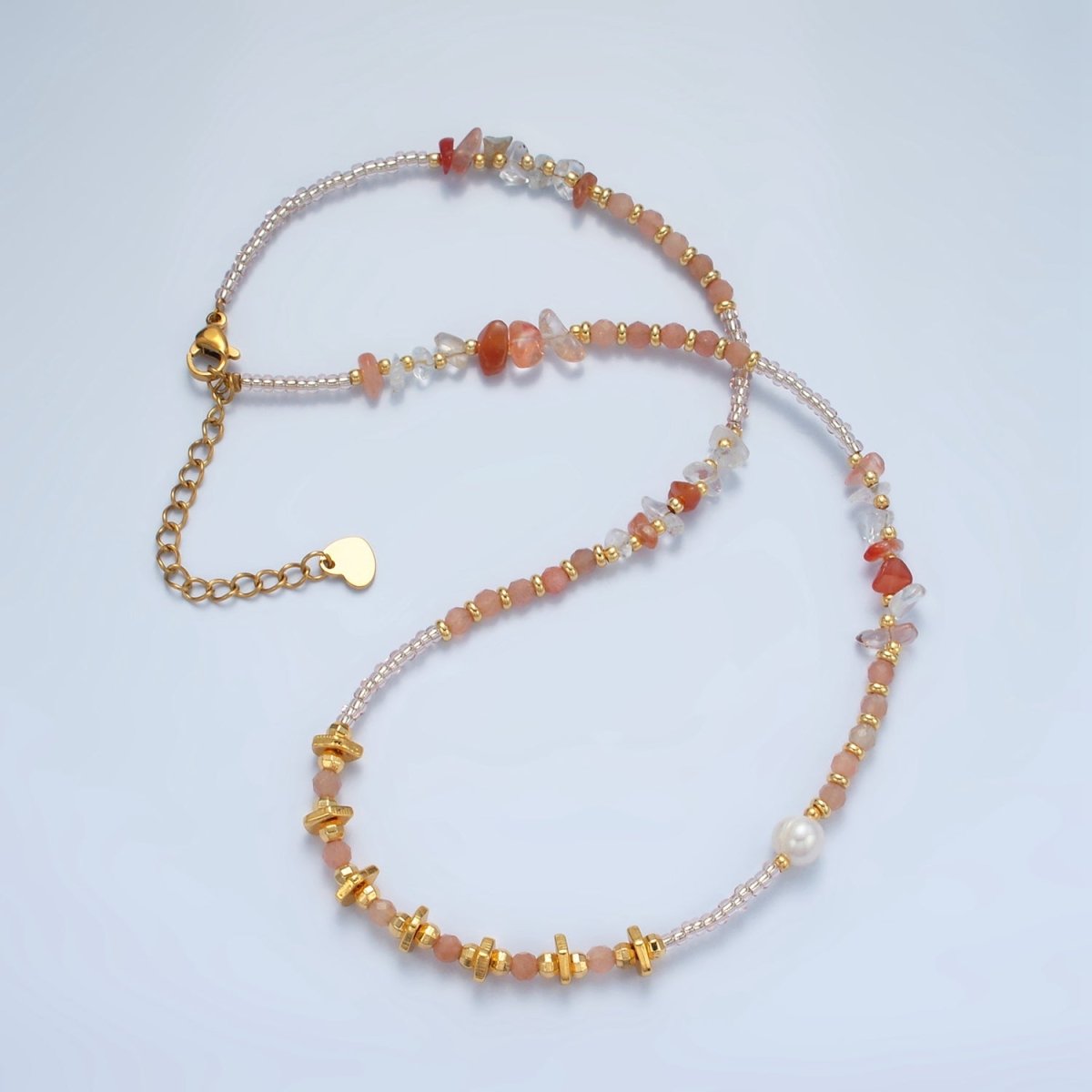 Handmade Pink Rose Quartz Beaded Chain Necklace with Freshwater Pearl 15.35 Inch with Extender | WA2570
