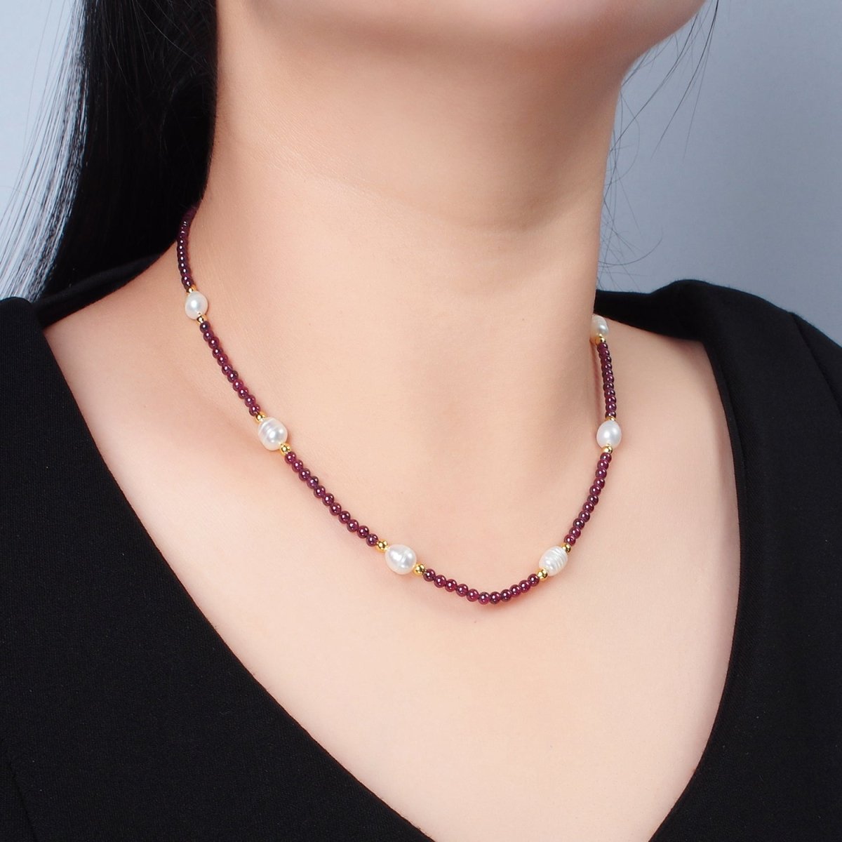 Handmade Purple Amethyst Beaded Chain Necklace with Freshwater Pearl 15.55 Inch with Extender | WA2572