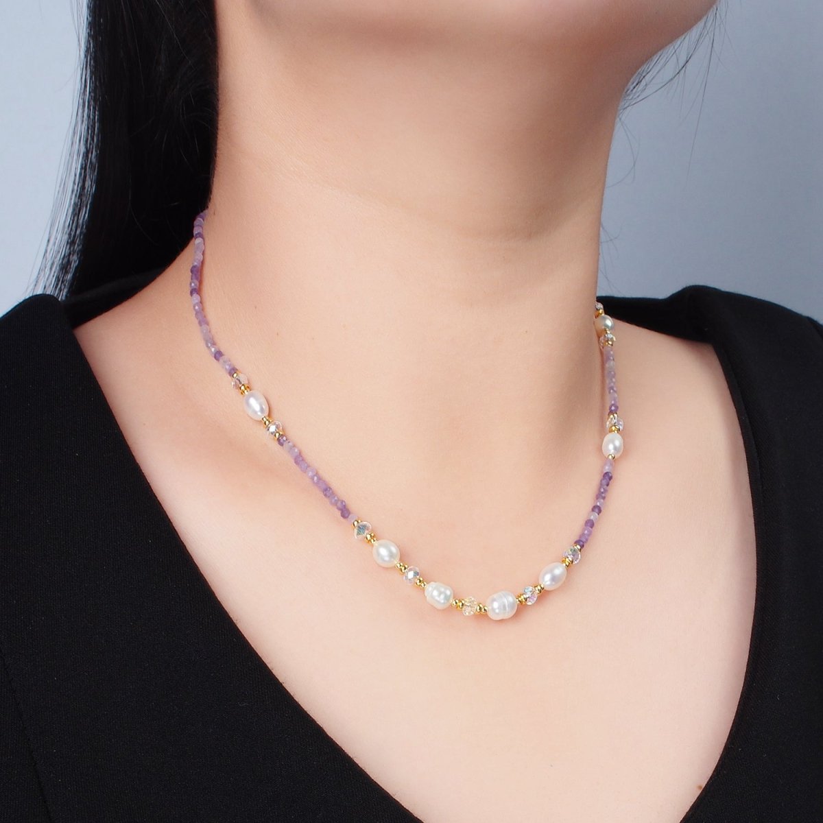 Handmade Purple Amethyst Beaded Chain Necklace with Freshwater Pearl 15.74 Inch with Extender | WA2574