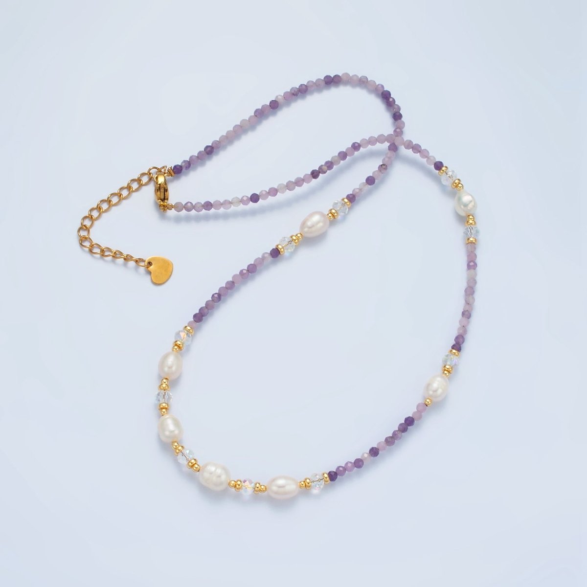 Handmade Purple Amethyst Beaded Chain Necklace with Freshwater Pearl 15.74 Inch with Extender | WA2574