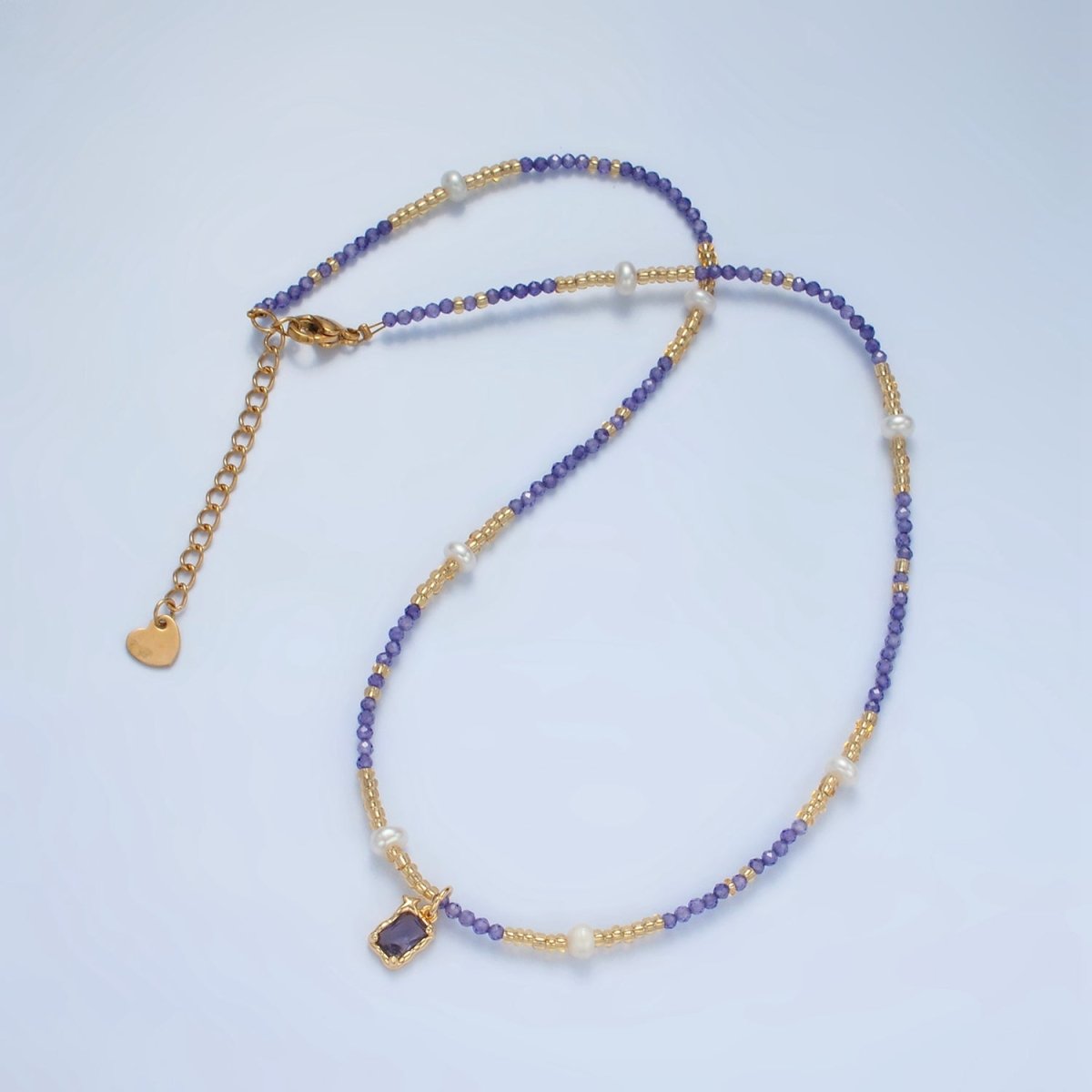 Handmade Purple Amethyst Beaded Chain Necklace with Freshwater Pearl 15.75 inch | WA2583