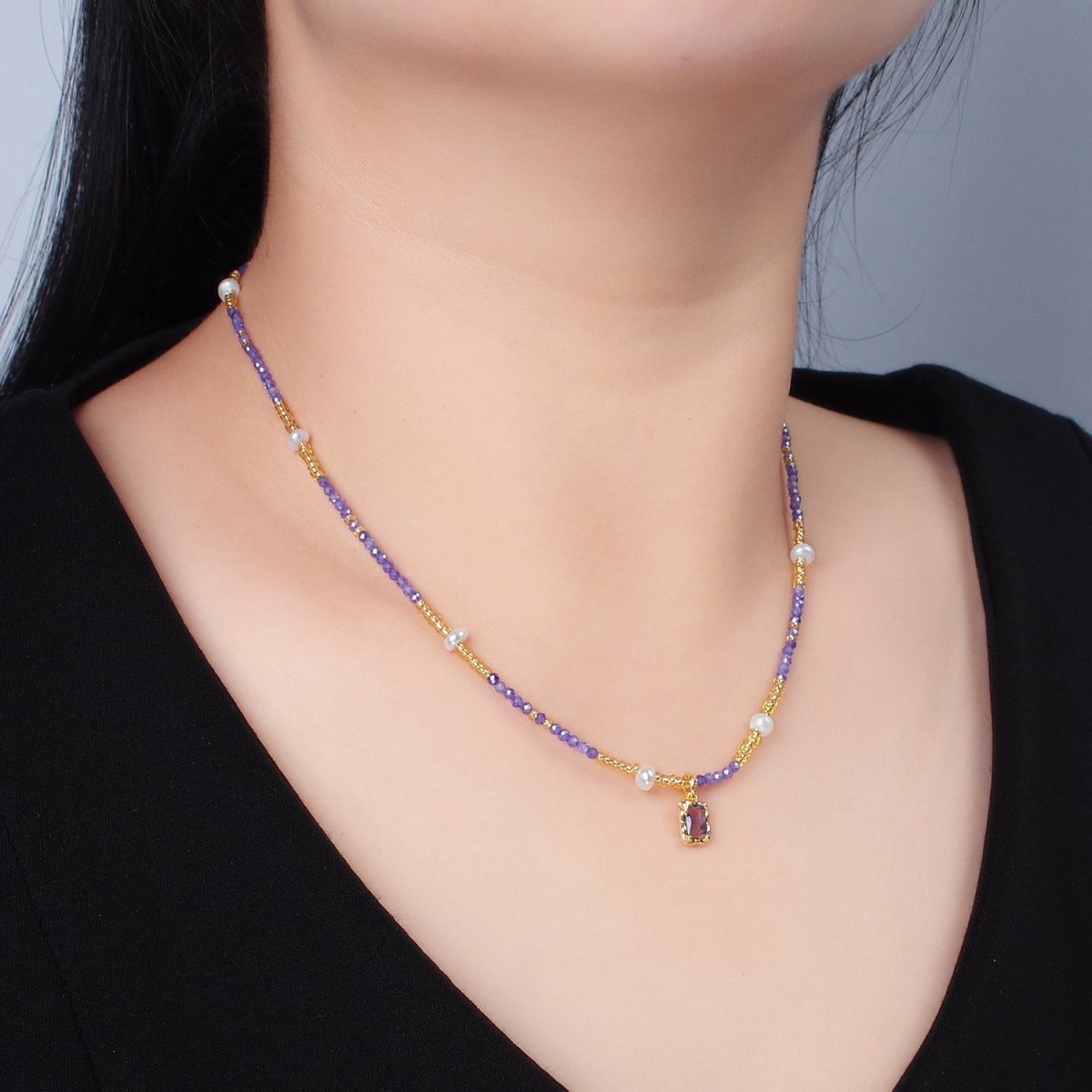Handmade Purple Amethyst Beaded Chain Necklace with Freshwater Pearl 15.75 inch | WA2583