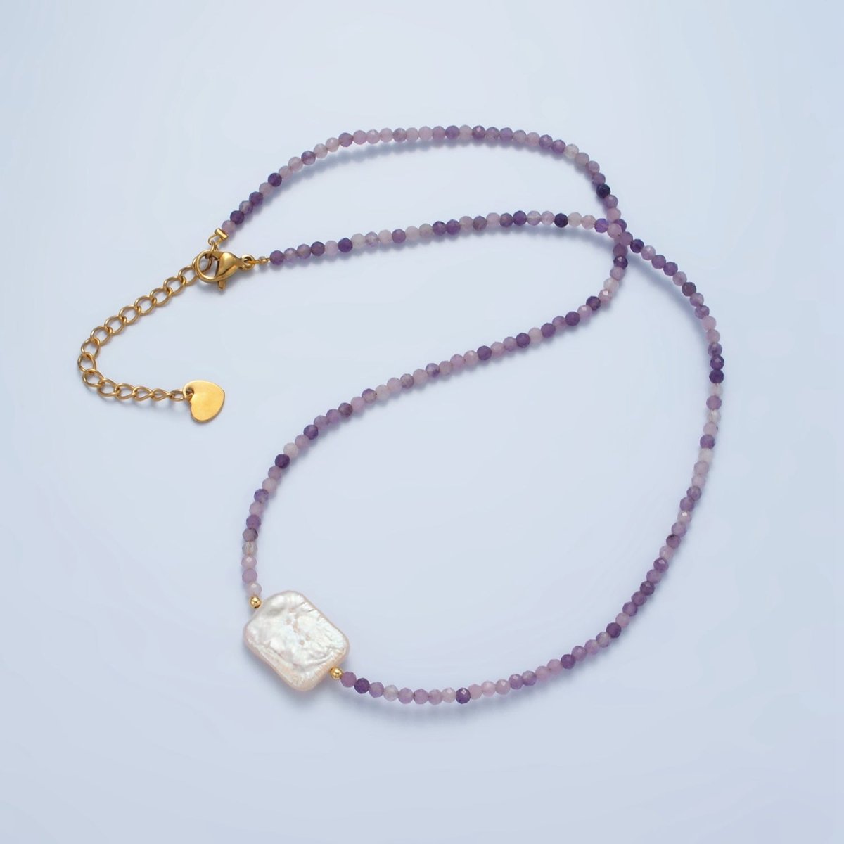 Handmade Purple Amethyst Beaded Chain Necklace with Mother of Pearl Charm 15.55 Inch with Extender | WA2575