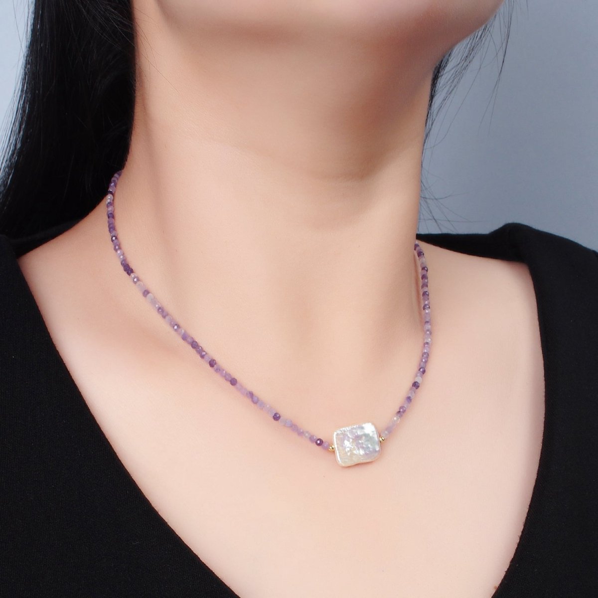 Handmade Purple Amethyst Beaded Chain Necklace with Mother of Pearl Charm 15.55 Inch with Extender | WA2575