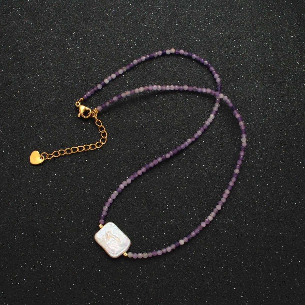 Handmade Purple Amethyst Beaded Chain Necklace with Mother of Pearl Charm 15.55 Inch with Extender | WA2575