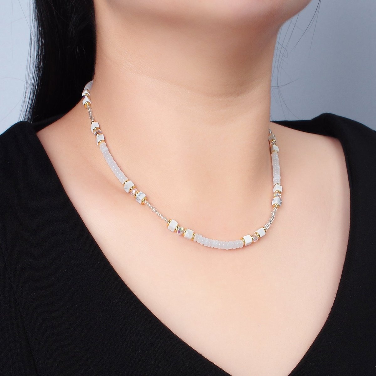 Handmade White Howlite Beaded Chain Necklace 15.55 inch | WA2568