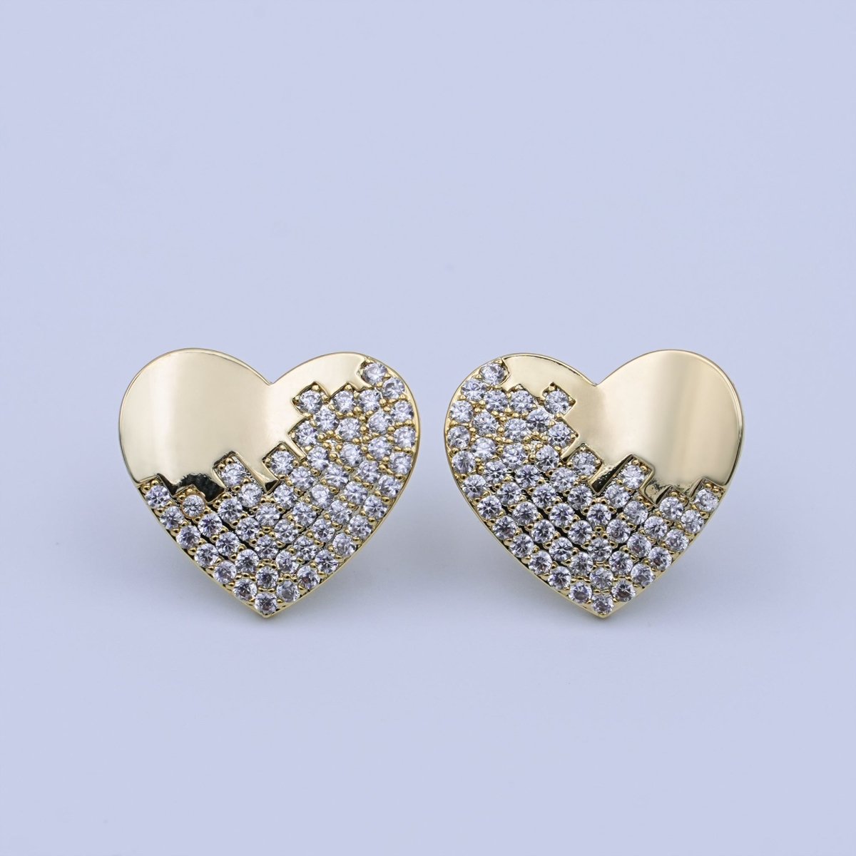 Micro Paved CZ Heart Stud Earrings Set in Gold & Silver | V534
