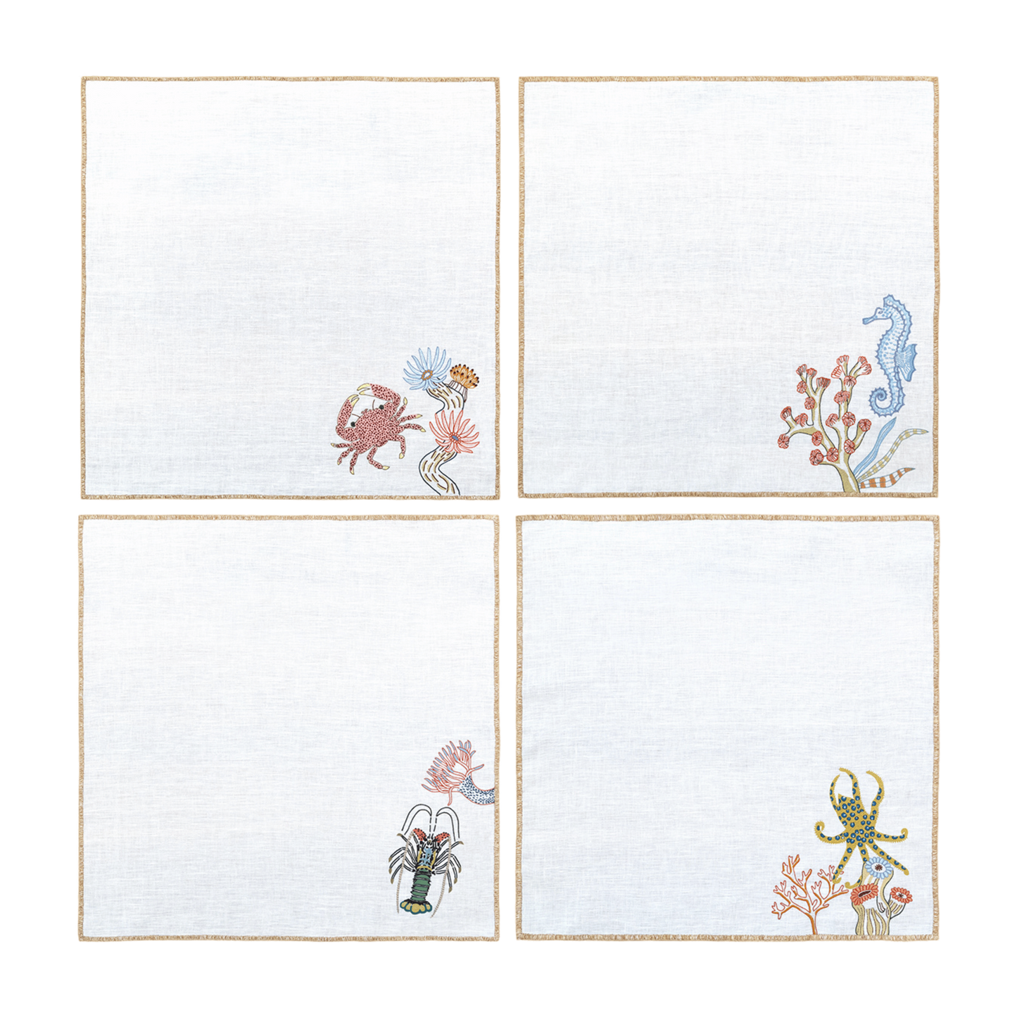 Hand Embroidered Marine Life Napkins 18" x 18" (Set of 4)
