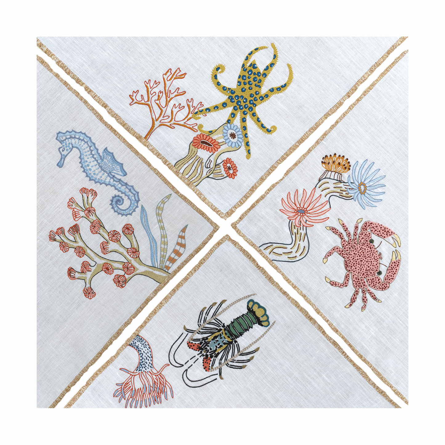 Hand Embroidered Marine Life Napkins 18" x 18" (Set of 4)