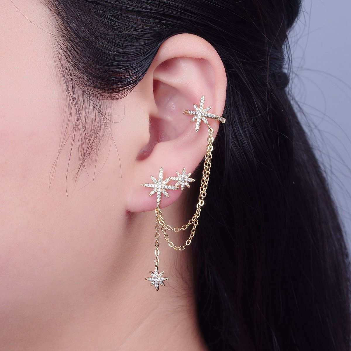 1 pair Gold Filled Statement North Star Stud Earring with Ear Cuff Star For Celestial Jewelry T-471