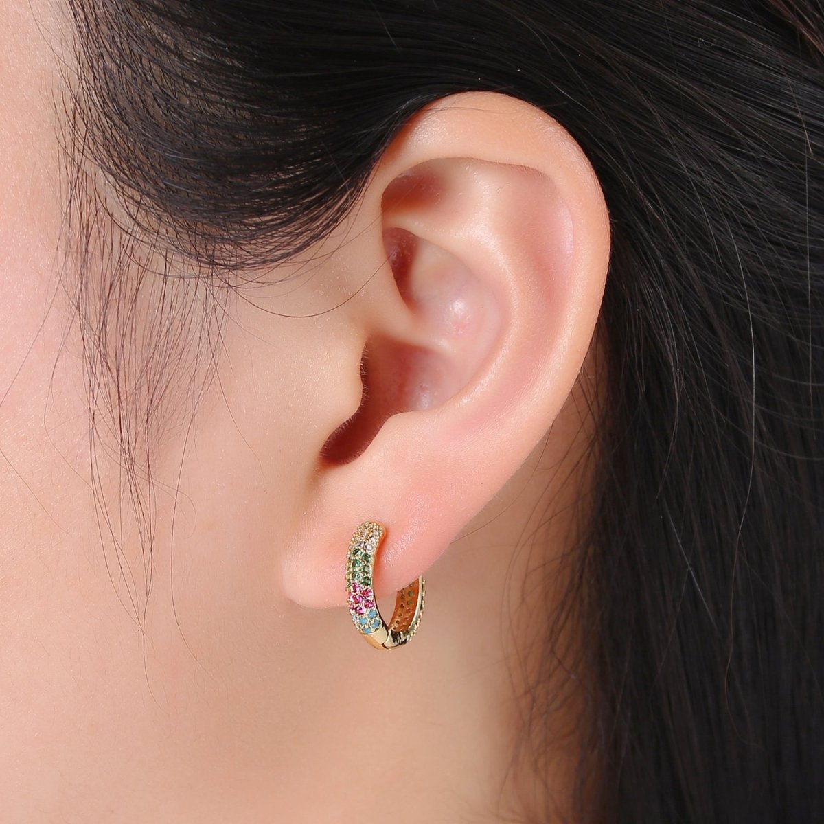 1 pair Hoops - Black, Blue, Clear, Red, Green, Multi-color Zirconia or Teal Gold CZ earrings - 24K Gold Huggie hoops  Q-434 - Q-439