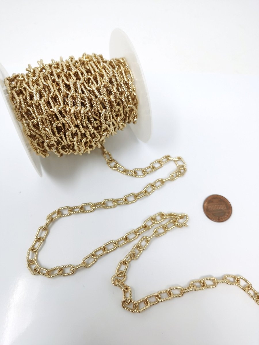 10x6mm 24k Gold Filled Paper Clip Chain Twisted Texturized Tubed Chain, Elongated Oval Chain by Yard for Necklace Bracelet Supply | ROLL-088
