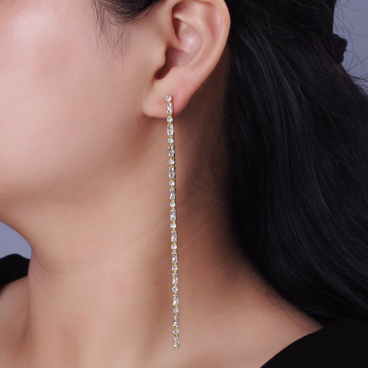 115mm Clear CZ Round Baguette Linear Drop Stud Earrings in Gold & Silver | AE283 AE284