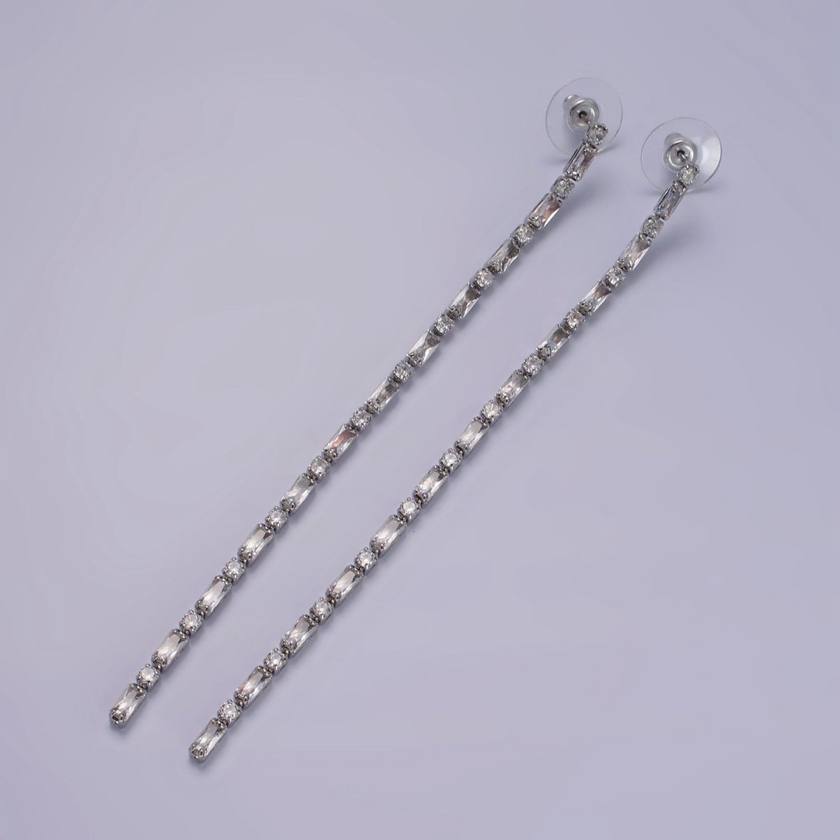 115mm Clear CZ Round Baguette Linear Drop Stud Earrings in Gold & Silver | AE283 AE284