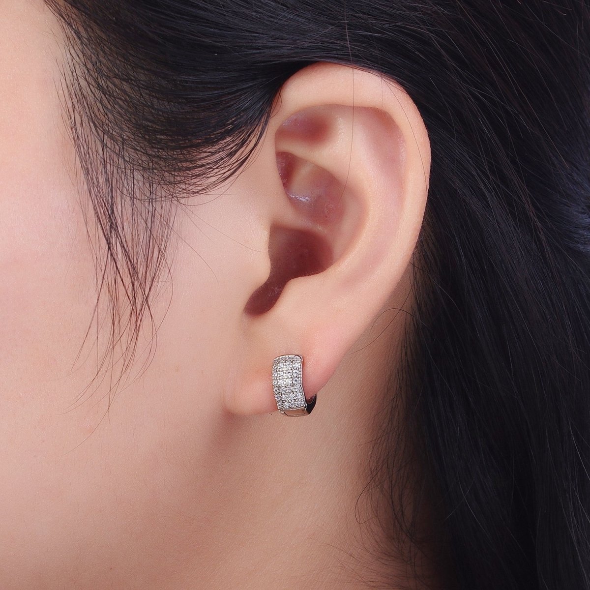 11mm Wide Hexagonal Clear Micro Paved CZ Huggie Earrings in Silver & Pinky Gold  P-077 AB-010