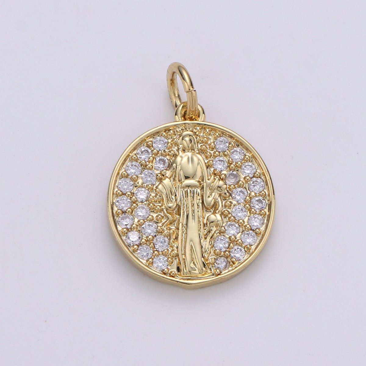 14k GF Virgin Mary Gold Coin Necklace, Religious Coin Pendant Necklace, Micro Pave Cubic Catholic Gold Coin Jewelry for Necklace Bracelet D-128
