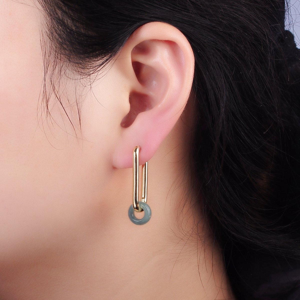 14K God Filled 35mm Jade Donut Drop Oblong Hoop Earrings | AE514