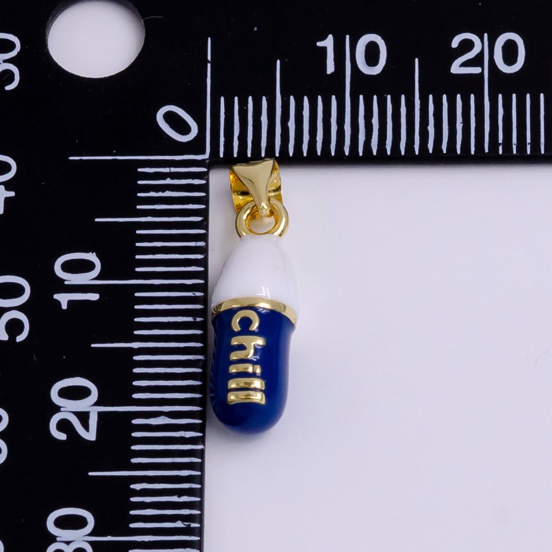 14K Gold "Chill" Script Dark Blue Enamel Oblong Pill Pendant | AA777