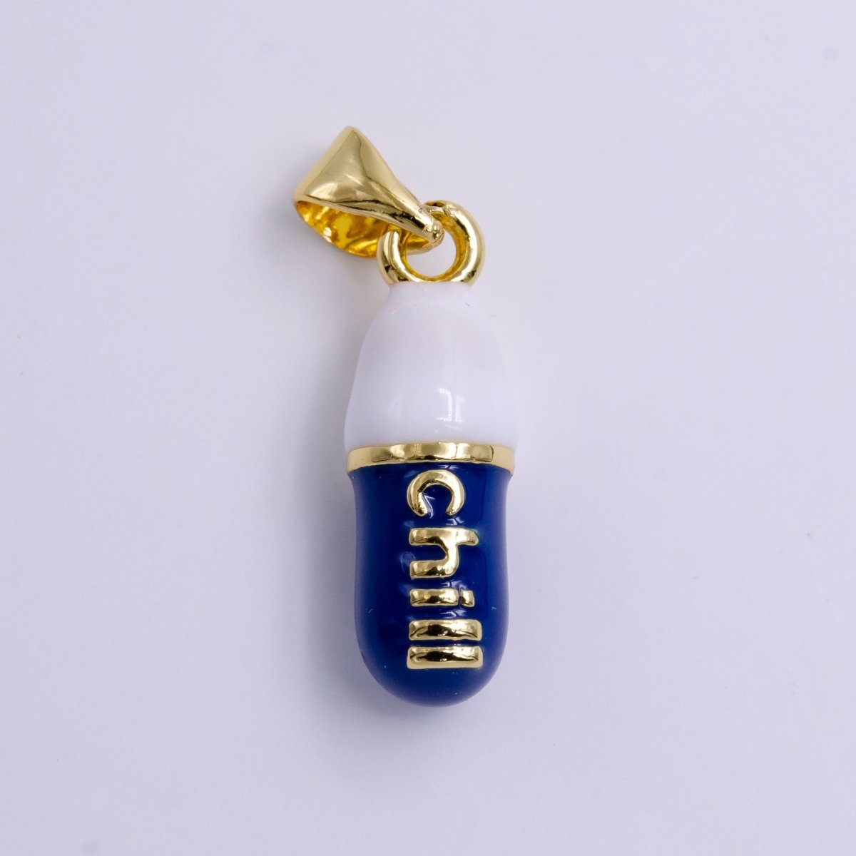 14K Gold "Chill" Script Dark Blue Enamel Oblong Pill Pendant | AA777