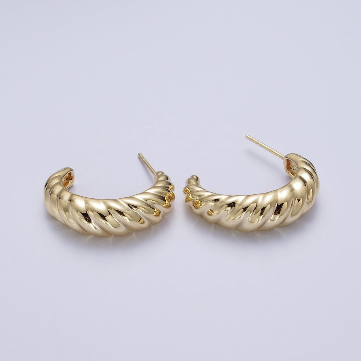14K Gold Chunky Twisted Croissant C Shaped Hoop Studs Earrings | AD-046