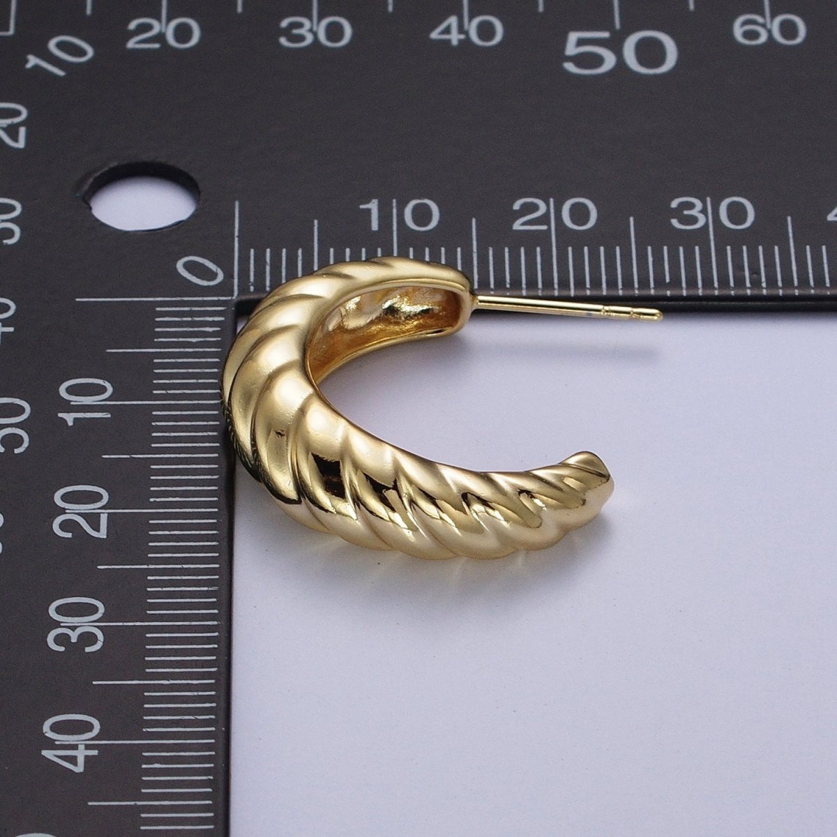 14K Gold Chunky Twisted Croissant C Shaped Hoop Studs Earrings | AD-046