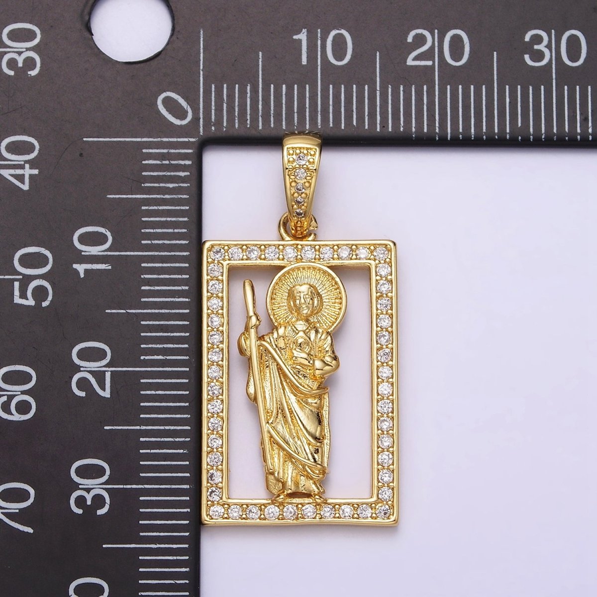 14K Gold Filed Religious Saint Jude Open Rectangular Clear Micro Paved CZ Bail Pendant | AA637