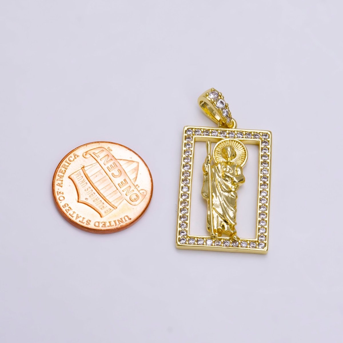 14K Gold Filed Religious Saint Jude Rectangular Clear Micro Paved CZ Bail Pendant | AA502