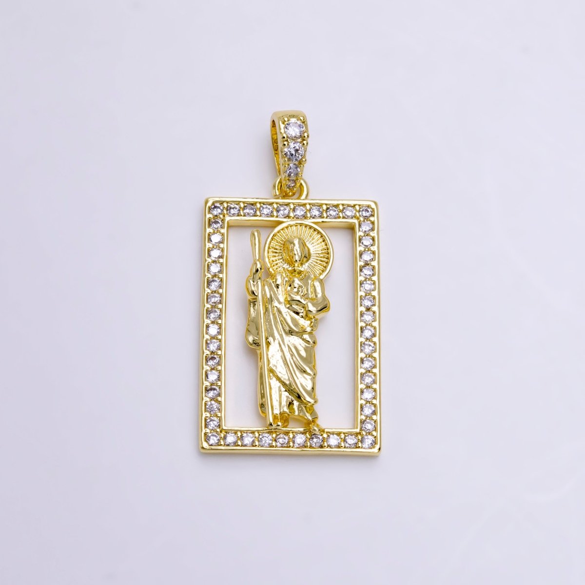 14K Gold Filed Religious Saint Jude Rectangular Clear Micro Paved CZ Bail Pendant | AA502