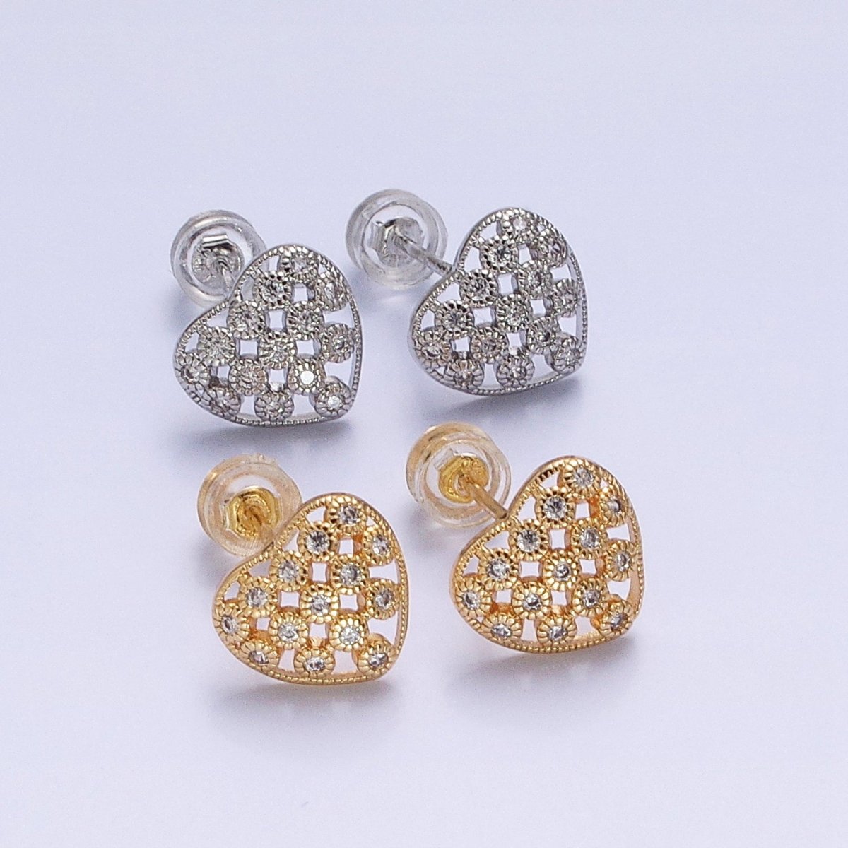 14K Gold Filled 10mm Clear CZ Lined Open Heart Stud Earrings in Gold & Silver | AB1014 AB1015
