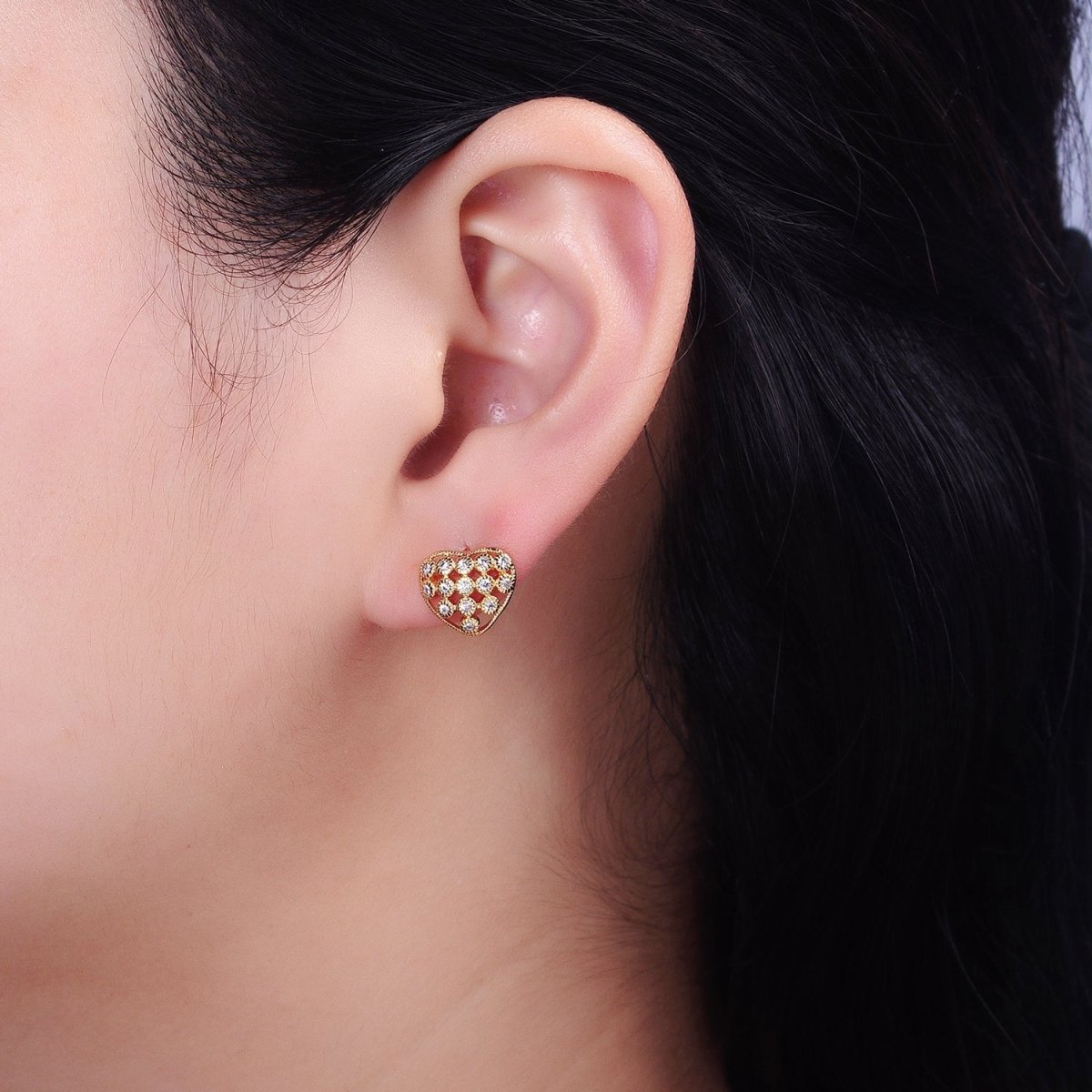 14K Gold Filled 10mm Clear CZ Lined Open Heart Stud Earrings in Gold & Silver | AB1014 AB1015