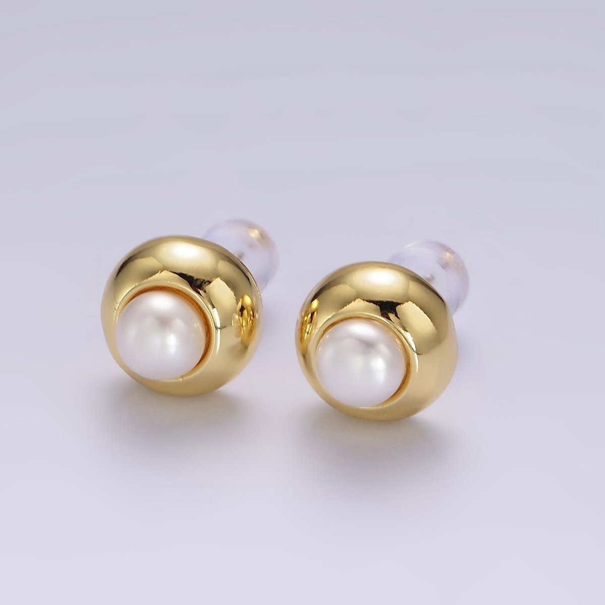 14K Gold Filled 10mm Pearl Round Bezel Stud Earrings | V-256