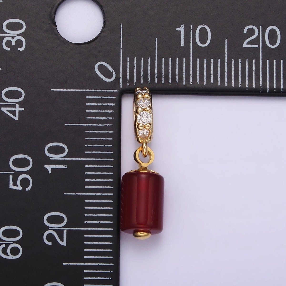 14K Gold Filled 10mm Red Carnelian Gemstone Tube Clear Micro Paved CZ Bail Pendant | N1865