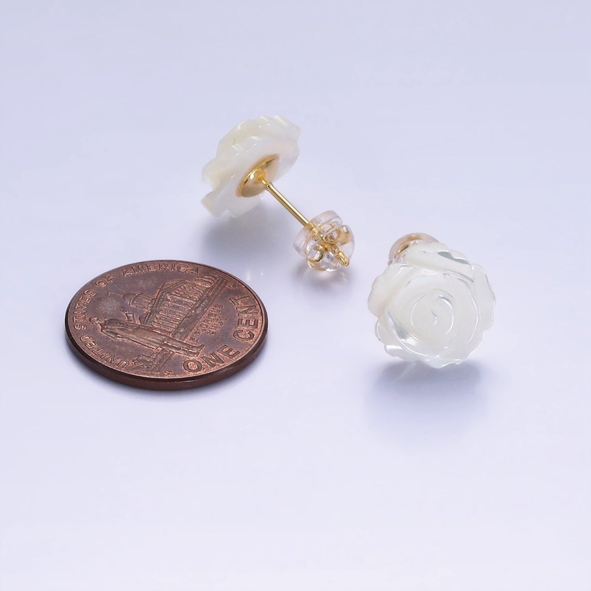 14K Gold Filled 10mm White Rose Flower Shell Pearl Stud Earrings | AB1139