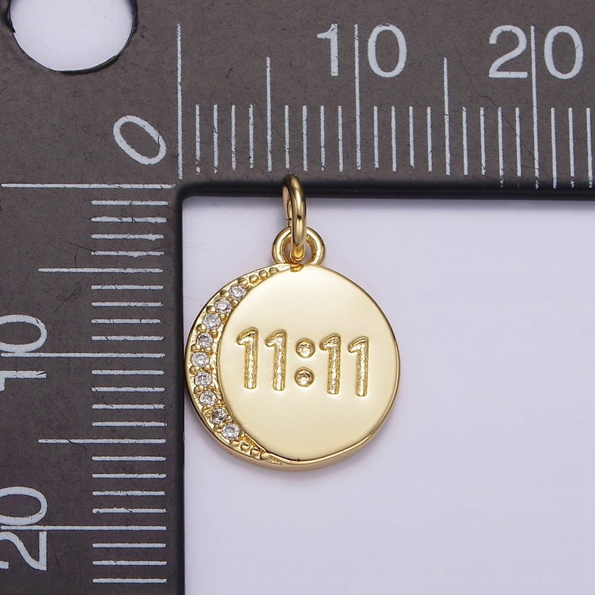 14K Gold Filled "11:11" Number Engraved Micro Paved CZ Crescent Moon Round Charm | N-937