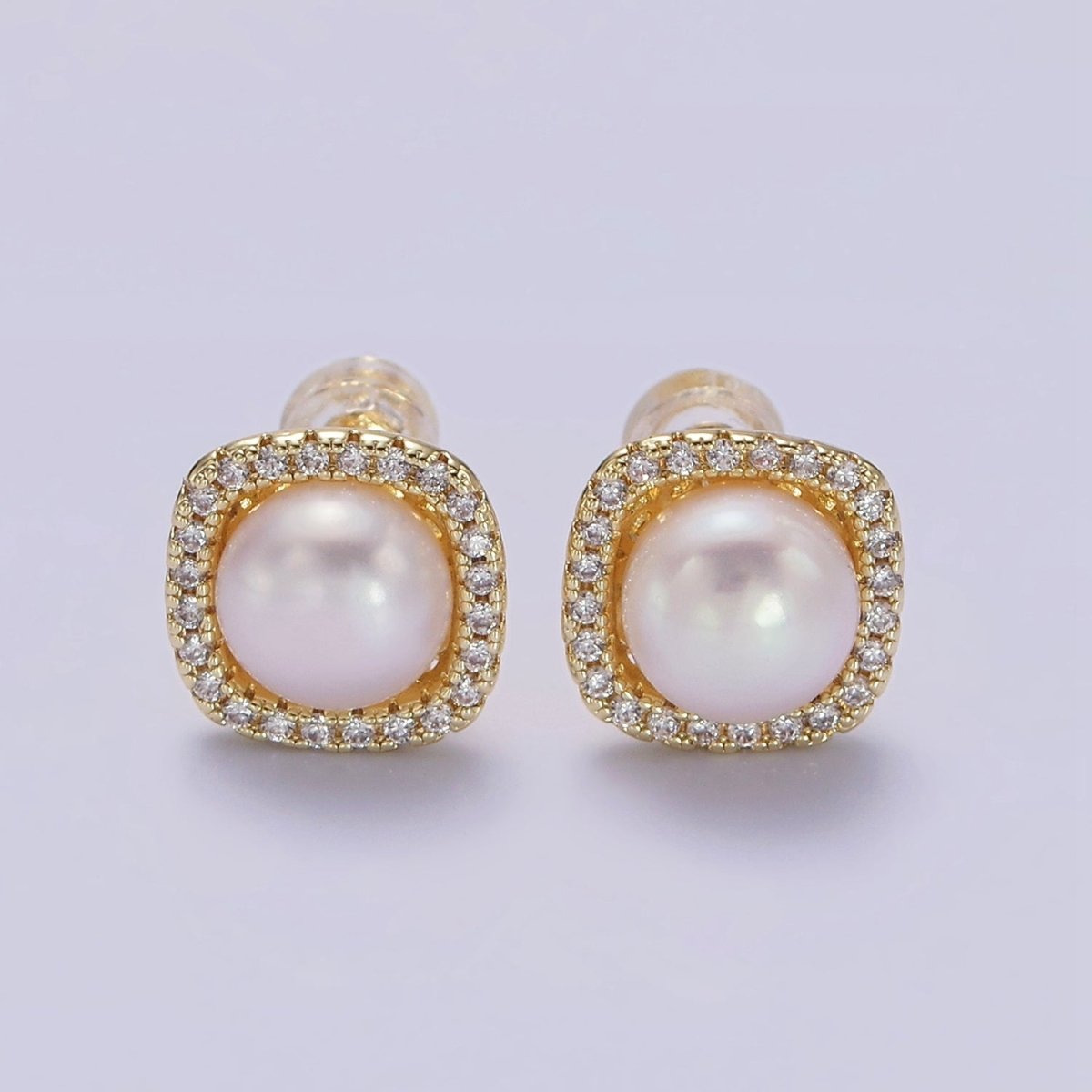 14K Gold Filled 11mm Pearl Clear Micro Paved CZ Rounded Square Stud Earrings | AE750