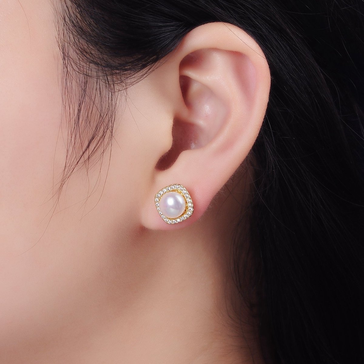 14K Gold Filled 11mm Pearl Clear Micro Paved CZ Rounded Square Stud Earrings | AE750