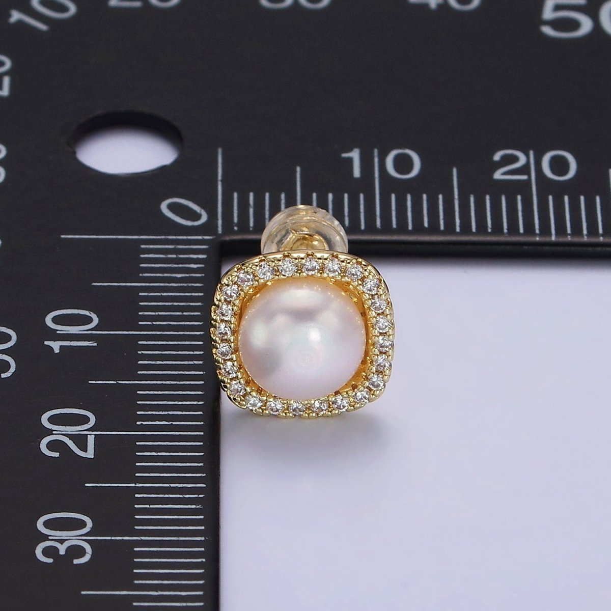 14K Gold Filled 11mm Pearl Clear Micro Paved CZ Rounded Square Stud Earrings | AE750
