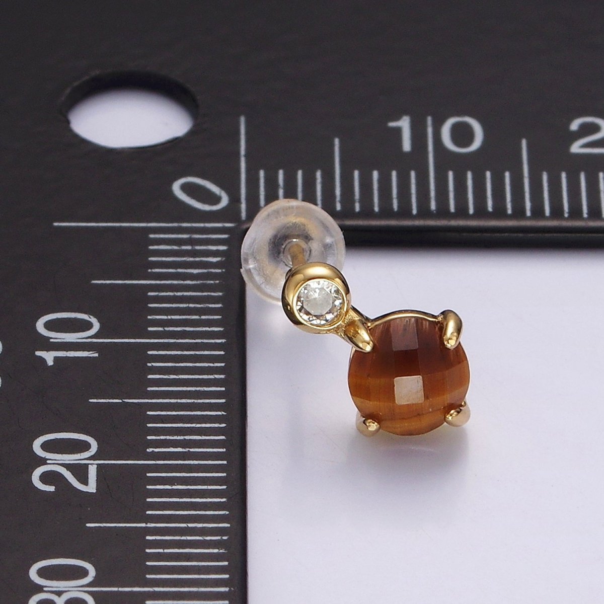 14K Gold Filled 11mm Tiger Eye, Black Agate Multifaceted Round CZ Drop Stud Earrings | V-046 ,  V-048