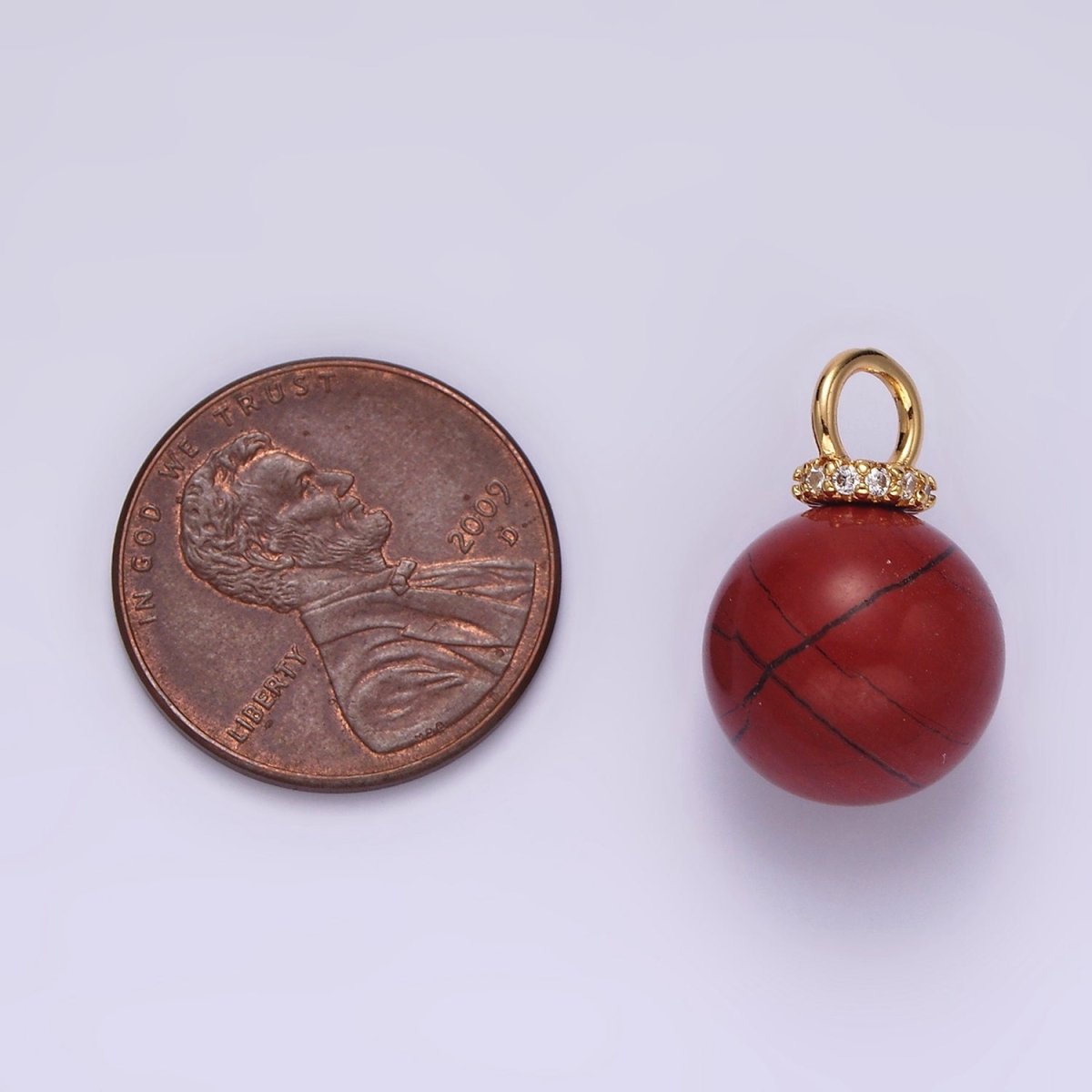 14K Gold Filled 12.5mm Red Jasper Round Sphere Ball Gemstone Micro Paved CZ Pendant | AG449