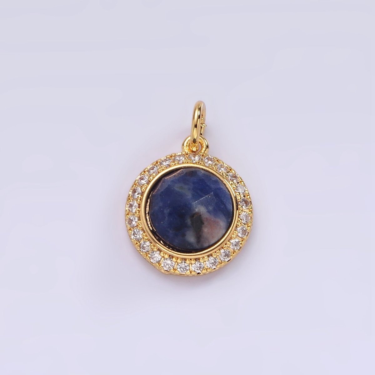 14K Gold Filled 12mm Natural Gemstone Multifaceted Micro Paved CZ Round Charm | AG462 - AG470